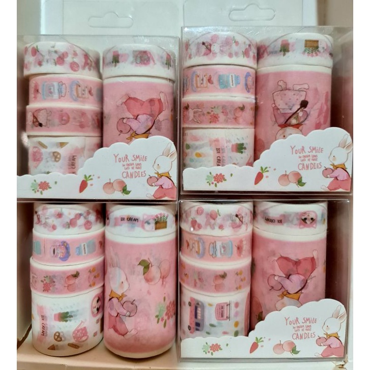Hộp washitape 6 cuộn, có 1 cuộn khổng lồ chủ đề thỏ-mèo hồng mã Hz5801