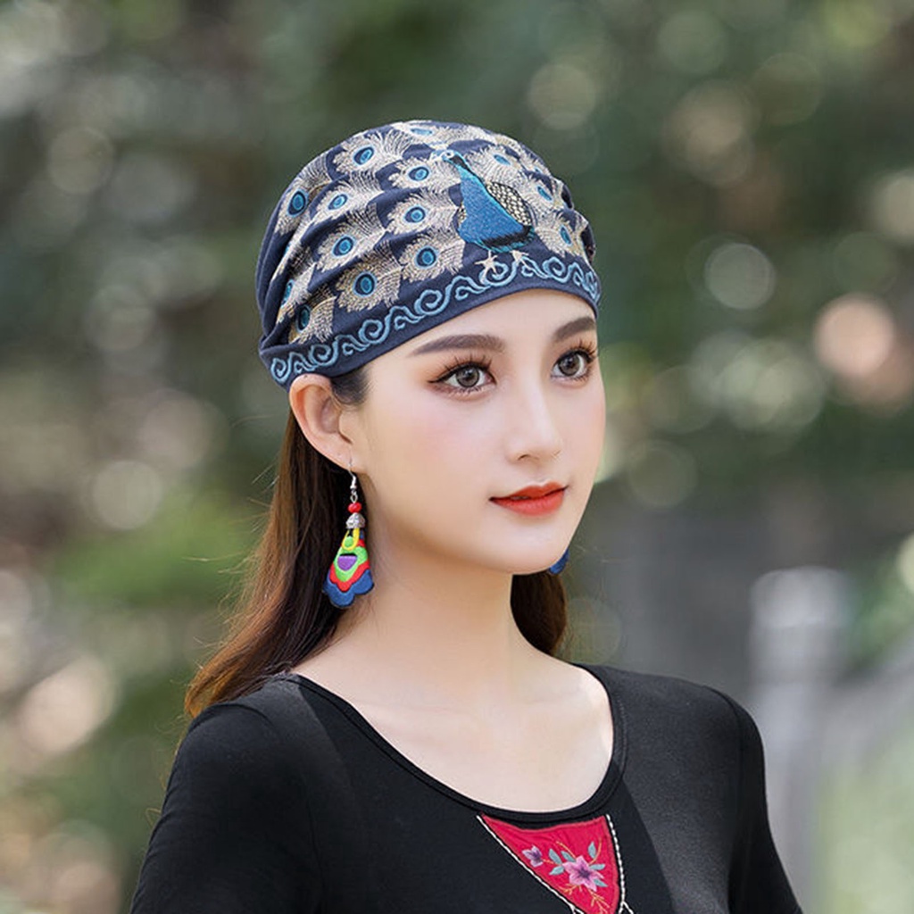 Mũ Vành Tròn Màu Trơn Thêu Hình Chim Công Vintage Cho Nữ