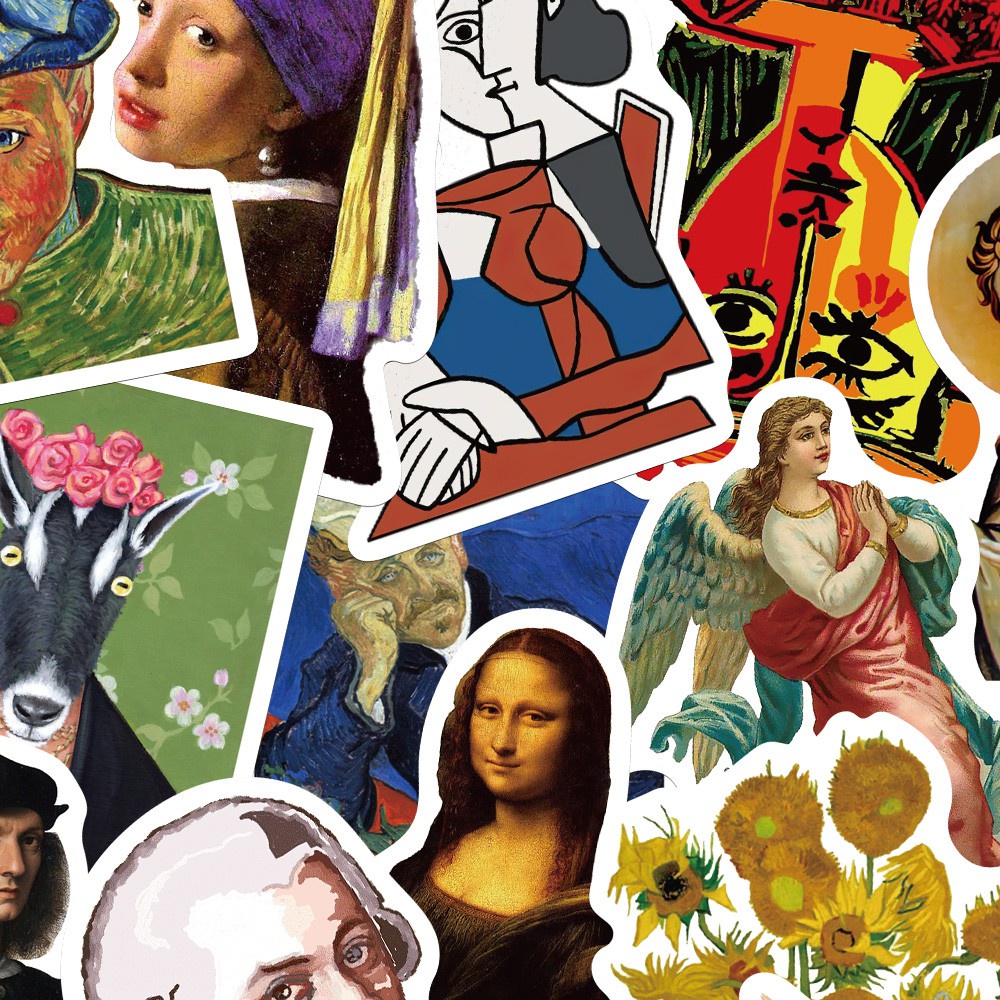 Bộ 50 miếng sticker dán trang trí laptop hình tranh sơn dầu Mona Lisa
