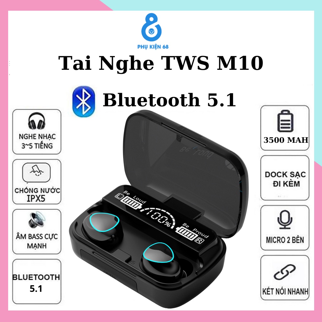 Tai Nghe Bluetooth M10 Phiên Bản Pro Nâng Cấp Pin Trâu, Nút Cảm Ứng Tự Động Kết Nối, Chống Nước, Chống Ồn, Màn Hình LED