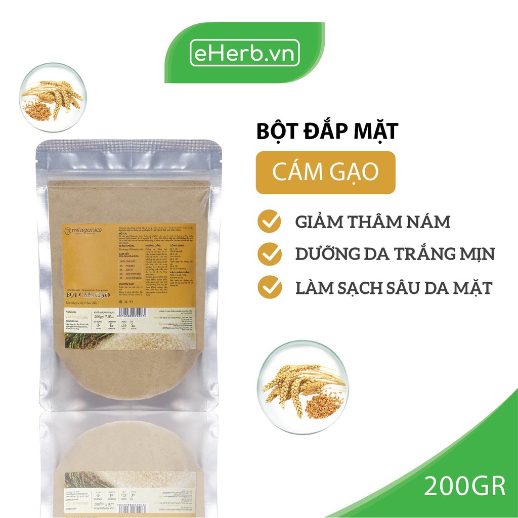 Bột Cám Gạo Nguyên Chất Đắp Mặt Nạ Dưỡng Da Trắng Mịn, Giảm Nám MILAGANICS 200g (Túi Zip)