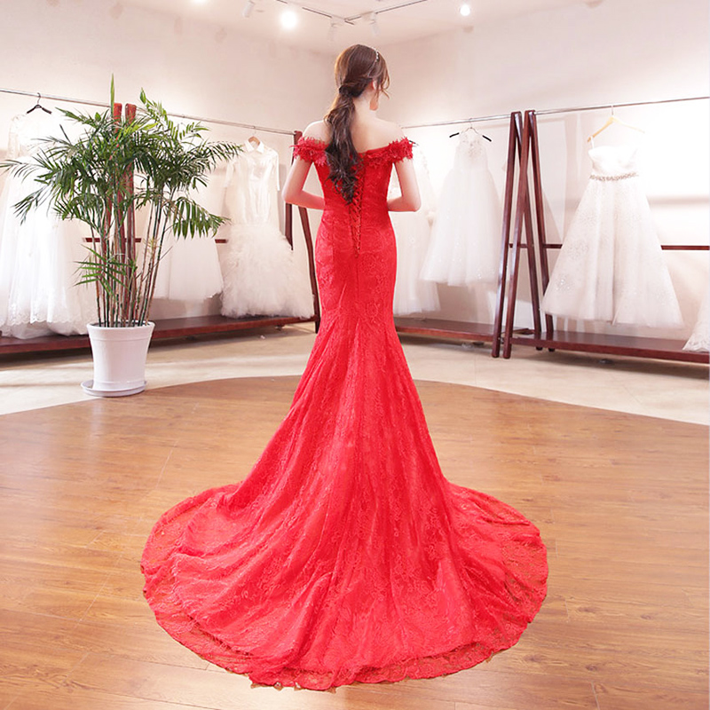 Phụ nữ Cô dâu Nàng tiên cá Váy dạ hội dài ren Thanh lịch Thời trang hoa quý phái Tắt vai Đầm dự tiệc màu đỏ