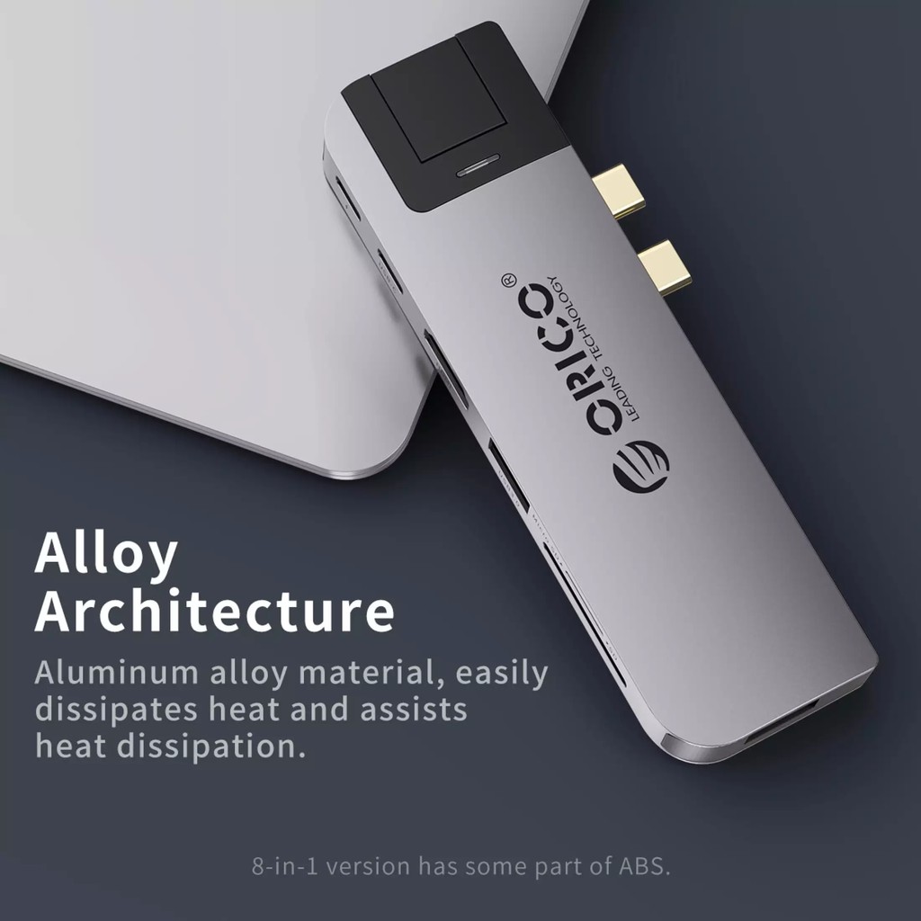 Bộ Hub chuyển đổi chia cổng 8 trong 1 Orico USB type C kép sang HDMI USB 3.0 Gigabit RJ45 dành cho Macbook Pro