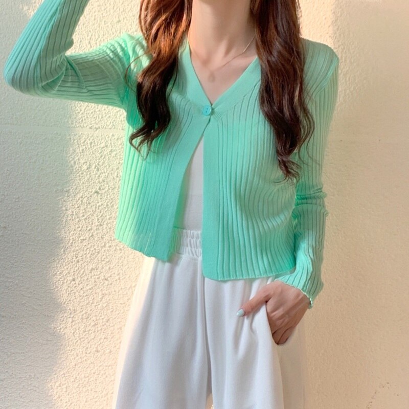 Áo khoác cardigan dệt kim cổ chữ V tay dài màu sắc trẻ trung cho nữ