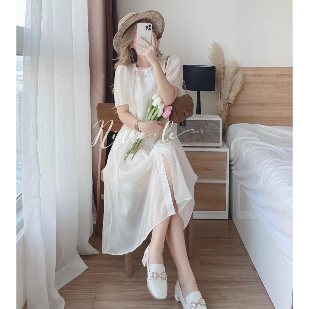 [HCM] Đầm Nữ Xuông Cài Nút Tơ Ánh Kim Kèm Lót Sẹc Thời Trang Nữ Sam Closet Free Size 40-55kg