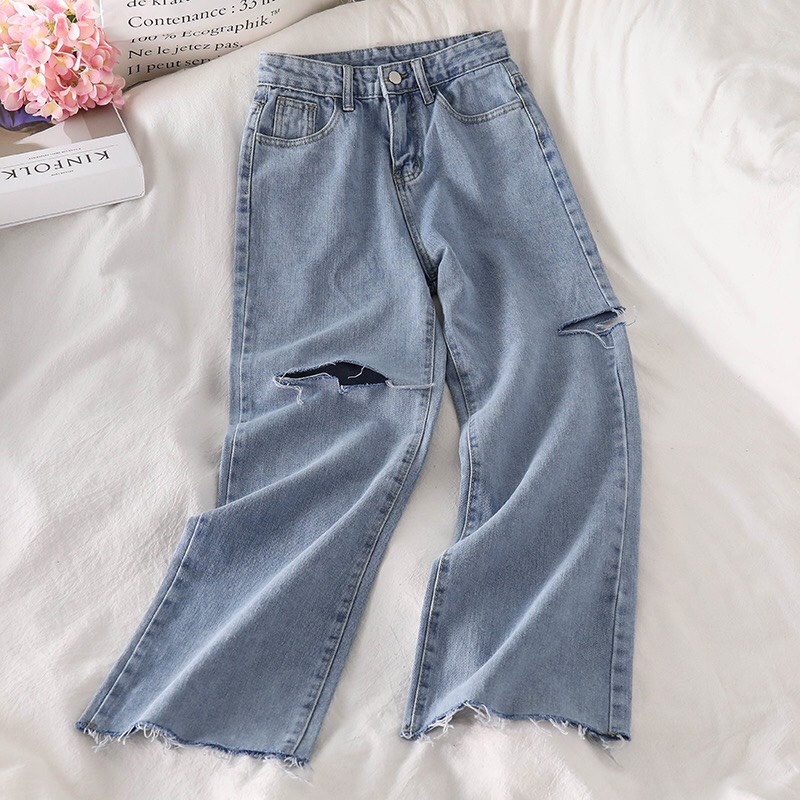 {HCM / CÓ SẴN} QUẦN JEAN NỮ ULZZANG ỐNG SUÔNG RÁCH GỐI LAI TUA SIZE M Q004