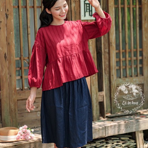 Chân váy linen trơn màu xanh tím than LÁ IN HOA