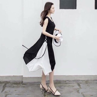 Đầm suông sát nách đen phối trắng G588