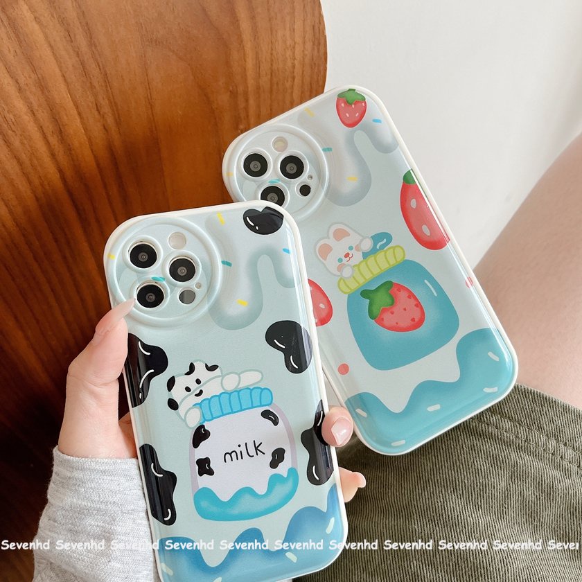 Ốp Điện Thoại Mềm Hình Dâu Tây / Thỏ Mắt To Có Đệm Khí Cho iPhone 14 13 12 11 Pro Max X XR Xs Max 8 7 6 6s Plus SE 2020