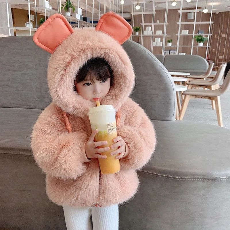 Áo khoác vải lông tay dài có mũ trùm đầu đính tai xinh xắn thời trang dành cho bé gái