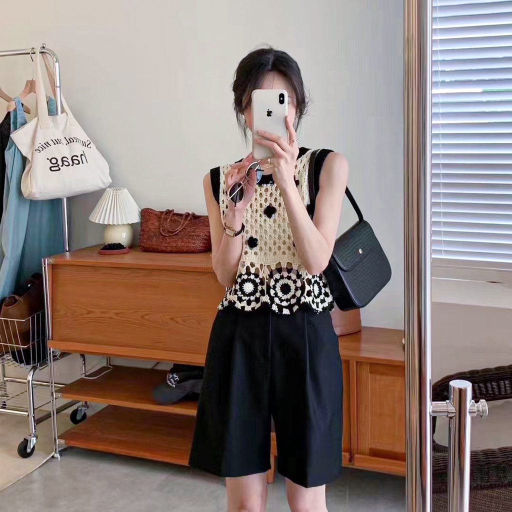 SUXI Áo Dệt Kim Sát Nách Cổ Chữ V Phong Cách Boho Cổ Điển