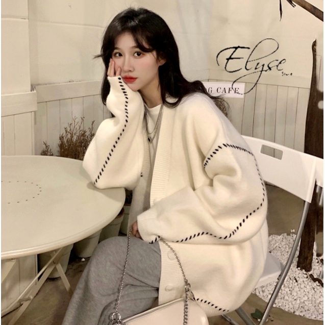 Áo khoác cadigan dáng rộng màu kem, Áo len khoác cardigan nữ ulzzang,  dài tay form rộng H-7 CS