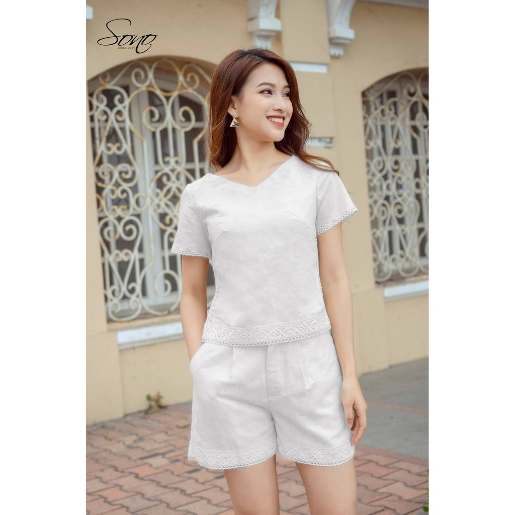 SONO - Bộ Quần Áo Chất Liệu Linen Viền Ren Hàng Thiết Kế Trẻ Trung