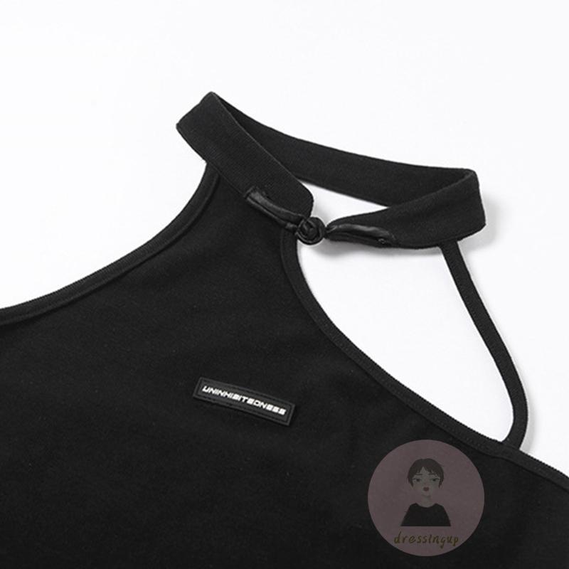 Áo Thun Không Tay Hở Lưng In Chữ Size S/M/L Màu Đen Cho Nữ