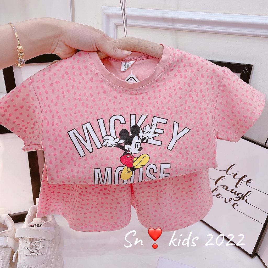 Bộ cộc tay bé gái, bộ mickey beo phối quần giả váy xinh xinh cho bé