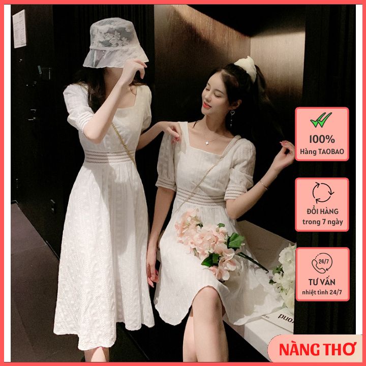 Váy Trắng Tiểu Thư Dự Tiệc Viền Ren, Đồ Đôi Bạn Thân, Cổ Vuông, Bo Eo, Dáng Xòe Nhẹ