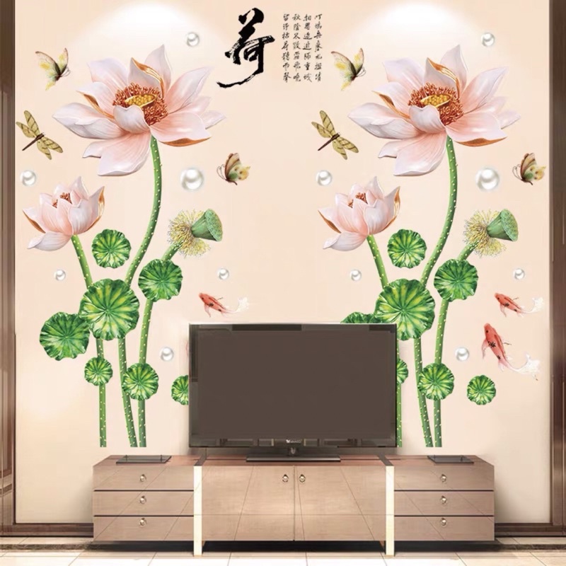Combo 2 tranh Decal dán tường phòng khách bình hoa và công