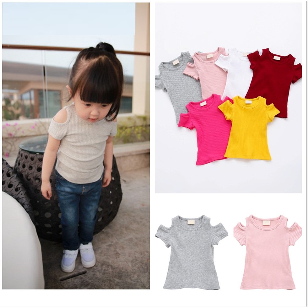 Bé gái màu kẹo tay ngắn Áo sơ mi cotton lệch vai áo baju