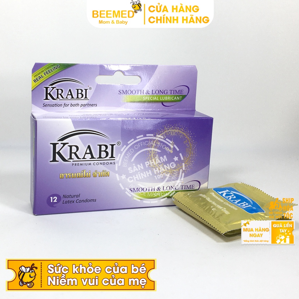 Bao cao su Krabi - bcs gân gai siêu mỏng, kéo dài thời gian và bôi trơn, 49mm đôn dên - Hộp 12 chiếc condom từ Thái Lan