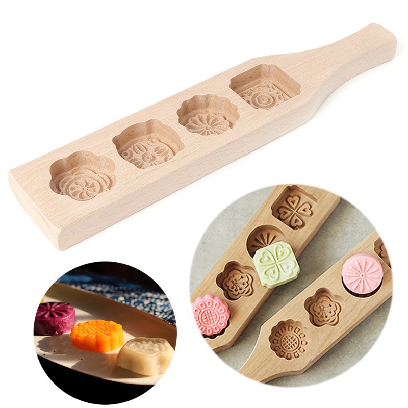 be❀  Wooden 4 Flower Muffin Mooncake Handmade Soap Mold Biscuit Chocolate Mould DIY