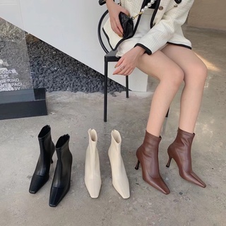Boot cổ ngắn gót nhọn da mềm cao 7p