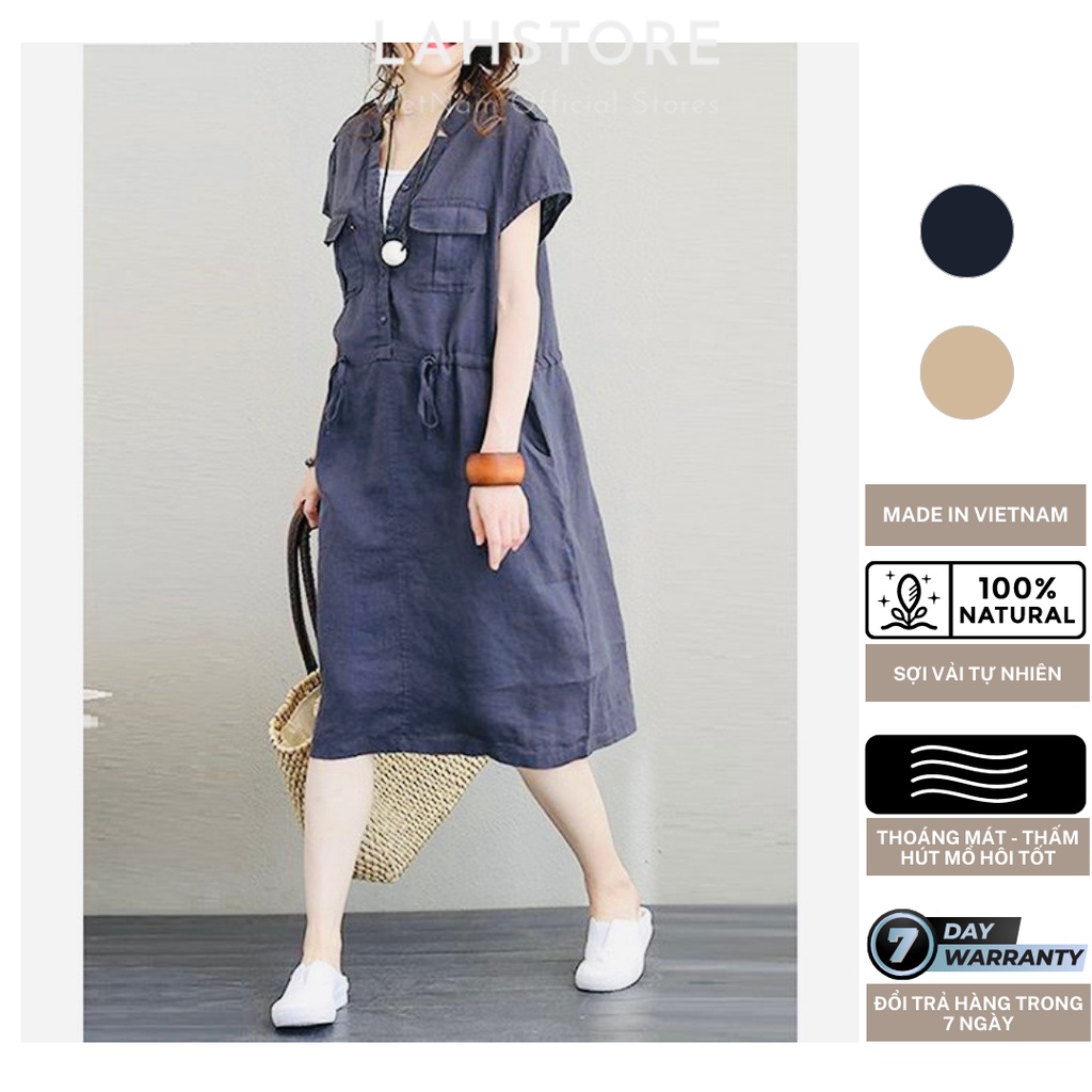 Đầm Suông LAHSTORE Chất Linen Bột Cao Cấp Cổ V Túi Hộp Dây Thắt Eo (Xanh Đen, Kaki)