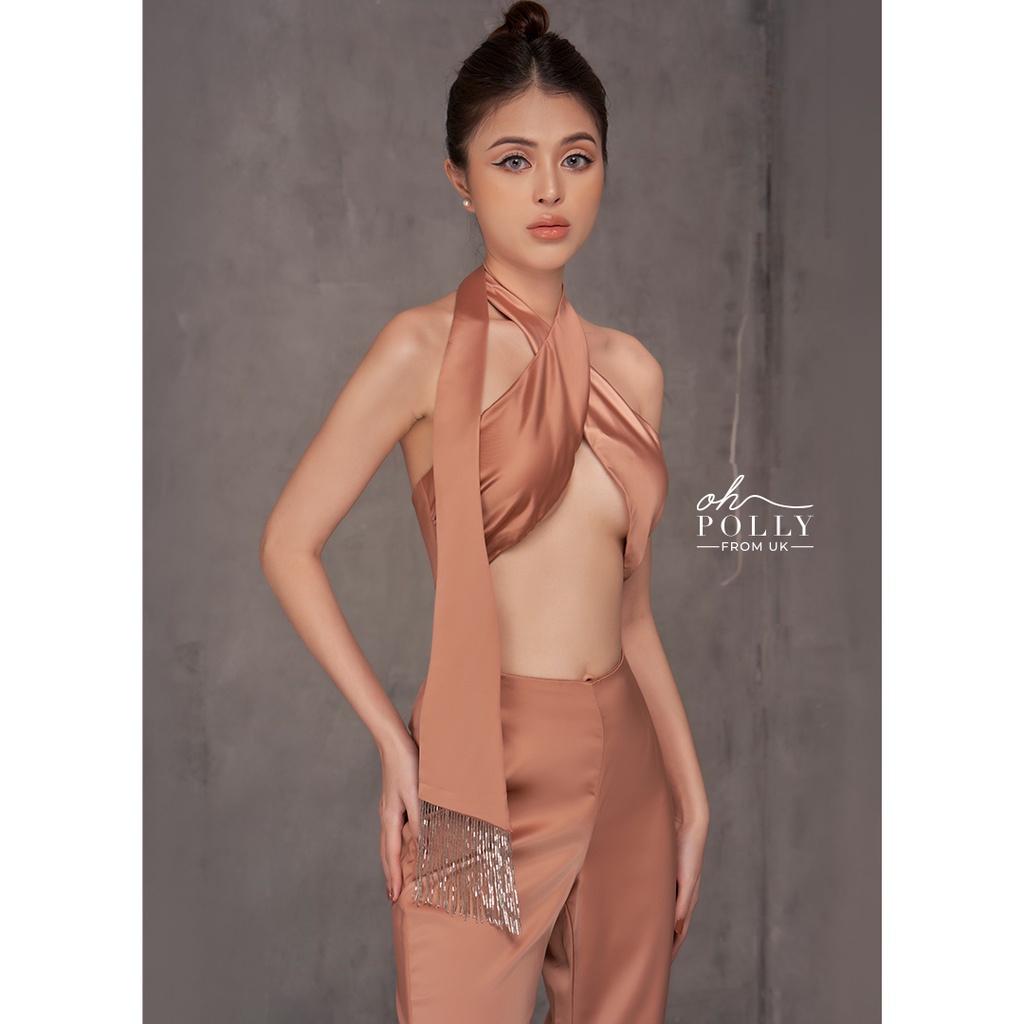 Oh Polly - Jumpsuit dây chéo ngực, quần dài ống loe sang chảnh