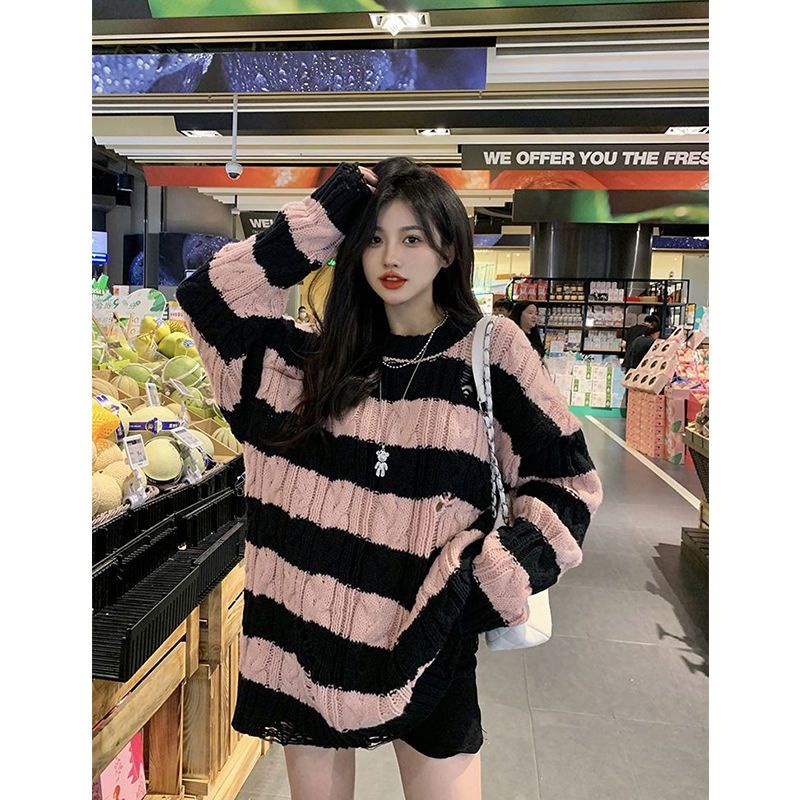 Jiashucheng Áo Sweater Dệt Kim Tay Dài Dáng Rộng Họa Tiết Kẻ Sọc Thiết Kế Rách Thời Trang Mùa Thu Mới Cho Nữ