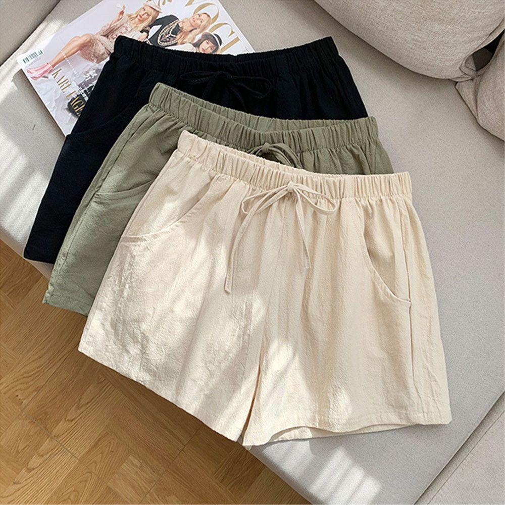 Quần Short Vải Lanh Cotton Màu Sắc Đơn Giản Cho Nữ