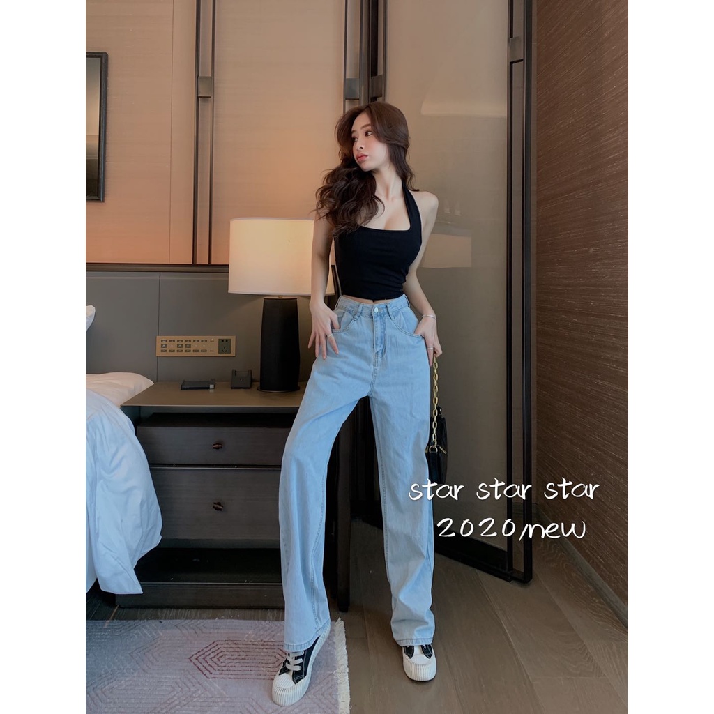 Quần jeans dài ống rộng phong cách Hàn Quốc cá tính cho nữ