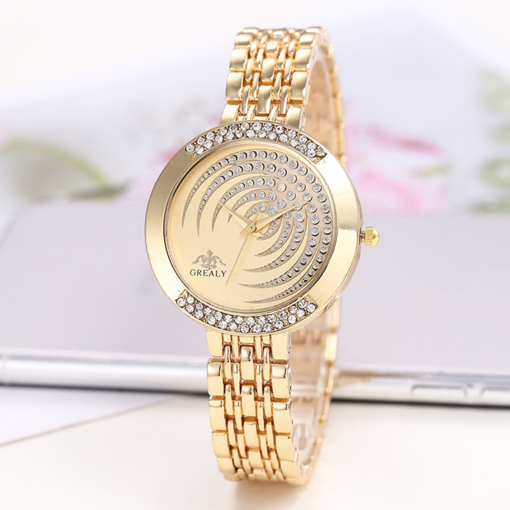 MACmk Women Shiny Rhinestone Inlaid Round Dial Mesh Band Quartz Analog Wrist Watch