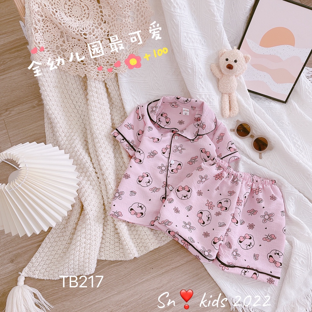 Bộ pijama cộc tay mặc nhà cho bé gái vải đũi xốp thoáng mát, mềm mại size từ 10 đến 20 kg