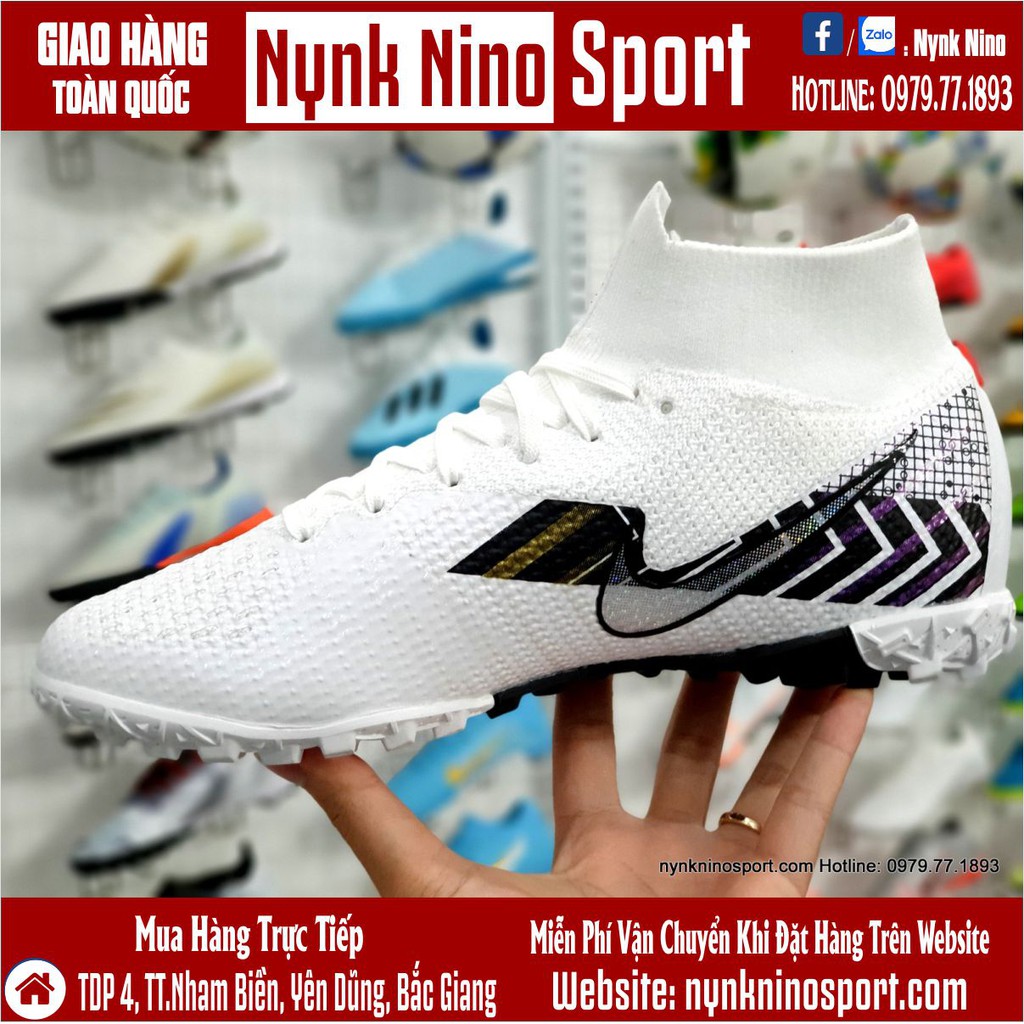 [Tặng Tất + Hộp] Giày Bóng Đá Mercurial Superfly 7 Elite MDS003 Trắng Vạch Đen Cổ Cao TF