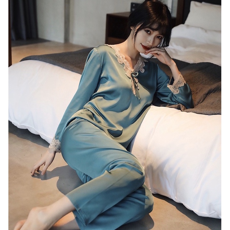 Bộ đồ lụa mặc ngủ, mặc nhà phối ren cao cấp - C98