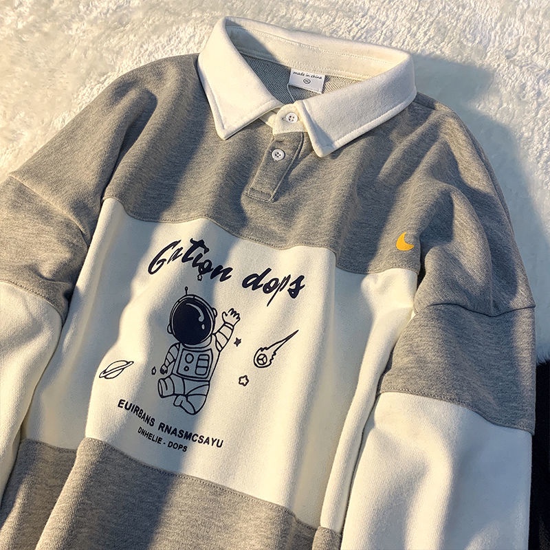 Áo thun cổ polo tay dài dáng rộng in chữ và hình thời trang mùa thu cho nữ
