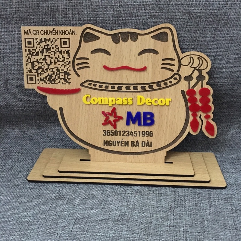 Bảng Gỗ Mèo Thần Tài Tên Shop Thông Tin Số Tài Khoản Ngân Hàng, Mã Qr Code Để Bàn