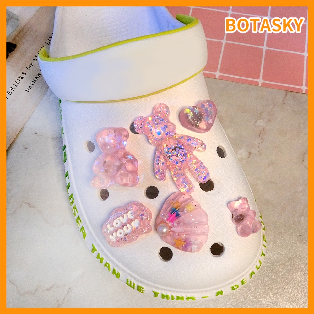 1 Bộ 6 Phụ Kiện Trang Trí Giày Crocs Hình Chú Gấu Đính Kim Sa Xinh Xắn