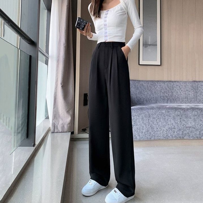 Brroa Quần Dài Tới Mắt Cá Chân Lưng Cao Ống Rộng Màu Trơn Cài Khóa Kéo Đơn Giản Thời Trang Công Sở Mùa Hè Cho Nữ