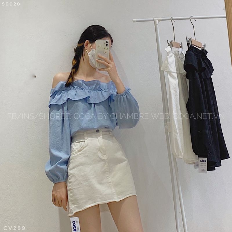 [S0020] Áo sơ mi trễ vai nhún bèo phong cách Hàn Quốc (Có sẵn/ảnh thật)