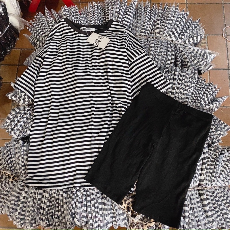 Set quần legging ngố + tshirt sọc