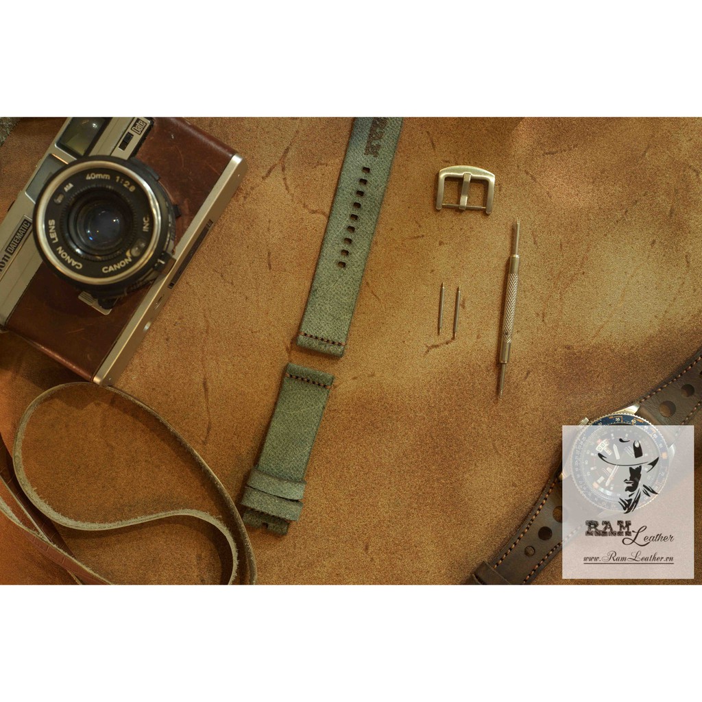 Dây đồng hồ RAM Leather vintage Simple da bò thật da bò lộn xanh matcha