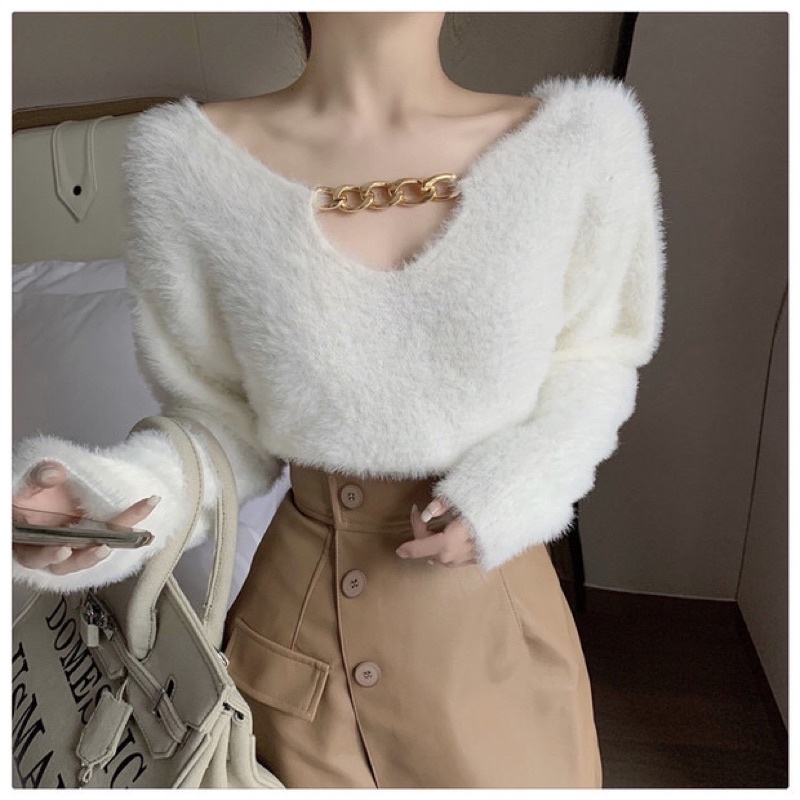 Áo len lông thỏ kèm dây xích ( sẵn đen ) | BigBuy360 - bigbuy360.vn
