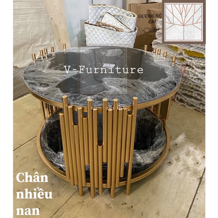 Bàn trà đơn Sofa phòng khách 2 mặt kính tròn chân kim loại sơn tĩnh điện kiểu cây sáo sang trọng hiện đại