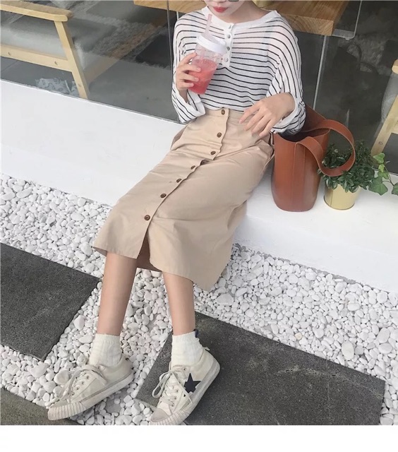 <ORDER> Chân váy kaki chữ A lưng chun dáng dài gắn cúc dọc váy _ẢNH THẬT CUỐI | BigBuy360 - bigbuy360.vn