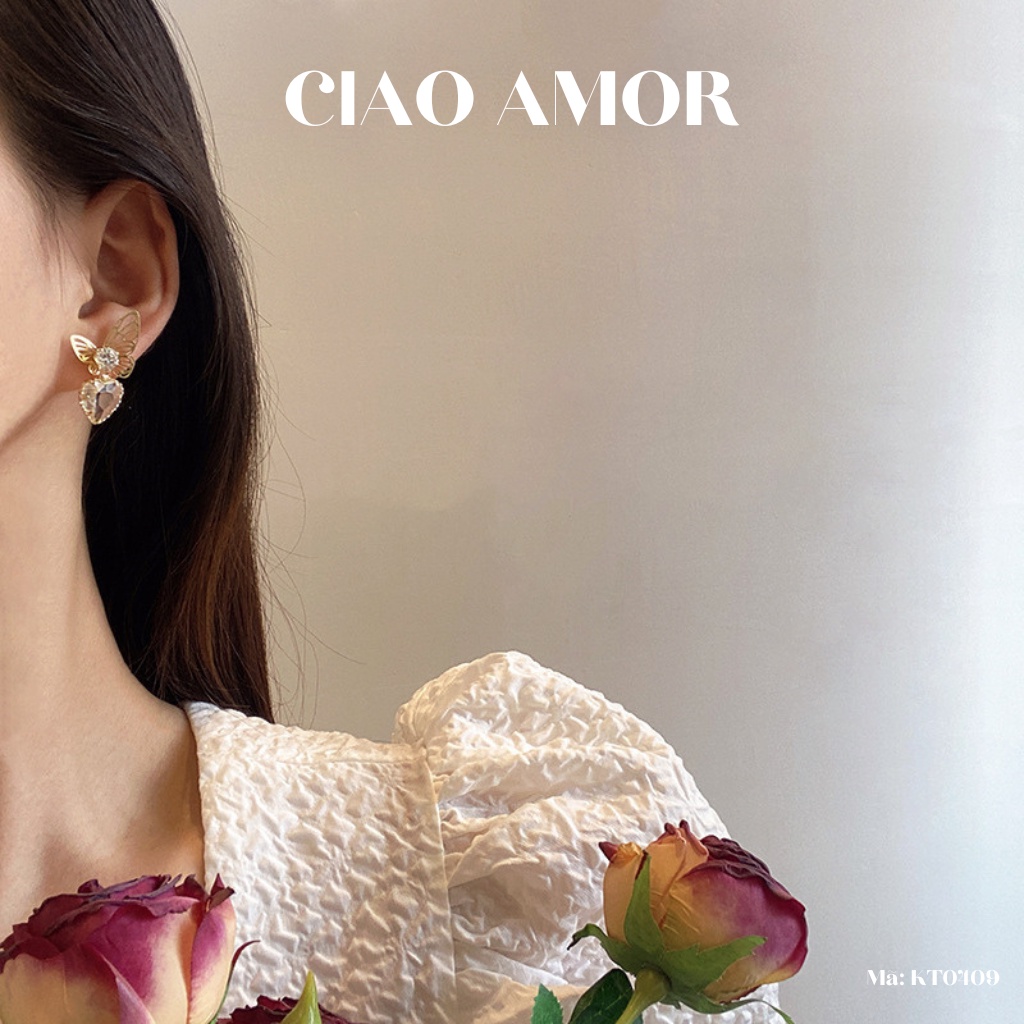 KT0409-Khuyên tai nữ, Bông tai bạc 925 cánh nữ điệu đá trái tim tiểu thư sang trọng Trang sức Ciao Amor