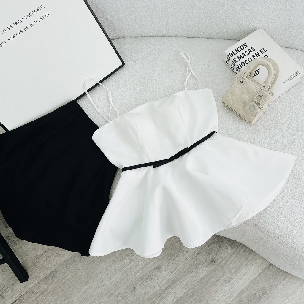 SET ÁO PEPLUM NƠ EO 2 DÂY + CHÂN VÁY ĐEN (TH)