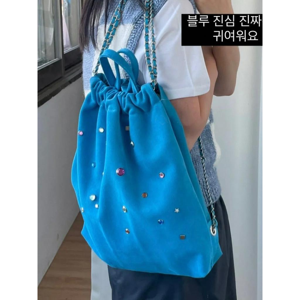 Balo dây rút xách tay YADO vải nhung nhám ghép nối đính đá nhiều màu sắc thời trang Hàn Quốc cho nữ