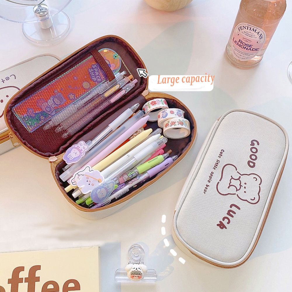 Túi đựng bút/dụng cụ trang điểm chất liệu vải bố cỡ lớn chống thấm nước họa tiết gấu/thỏ hoạt hình dễ thương đa năng