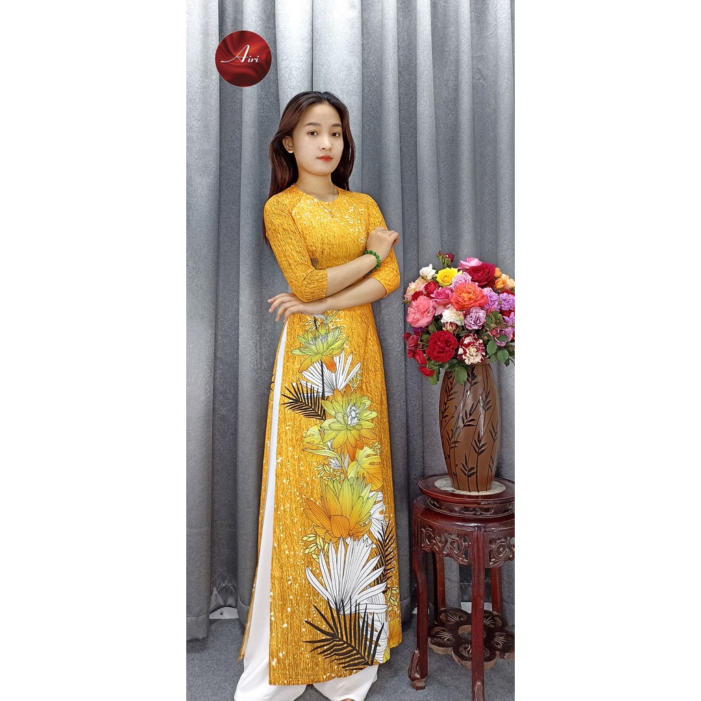 Áo dài nữ cổ tròn chất lụa nhật họa tiết chìm thời trang - Áo dài Airi