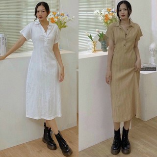 Đầm suông nude nâu / trắng cổ polo